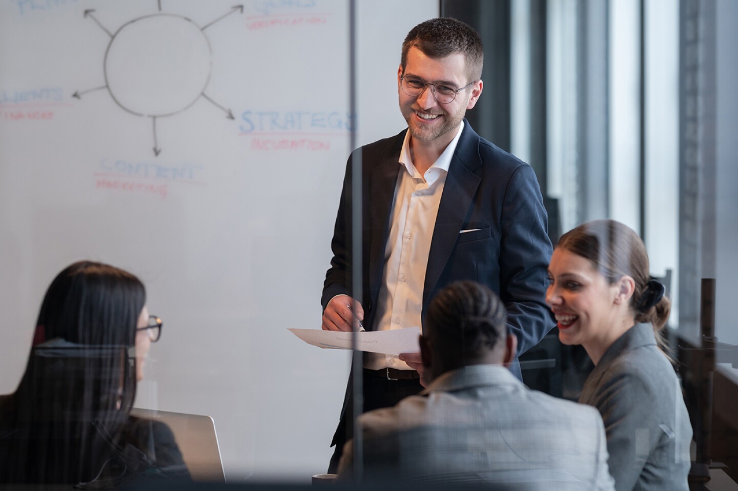 diverse team of 4 meeting with whiteboard in the background