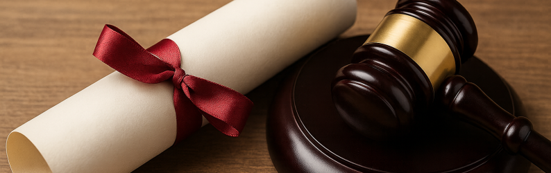 Image of a rolled-up diploma and a gavel, both resting on a table.
