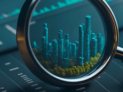 Illustration concept of a magnifying glass focusing on financial metrics.