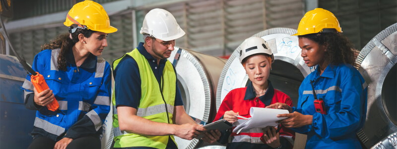 Four employees in hard hats and hi-vis clothing examine a work document.