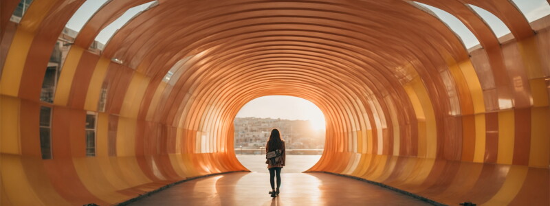 Woman walks down a tunnel toward a city bathed in sunlight.
