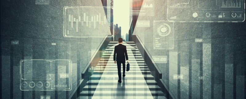 Businessman walking up steps with date analytics graphics surrounding him.