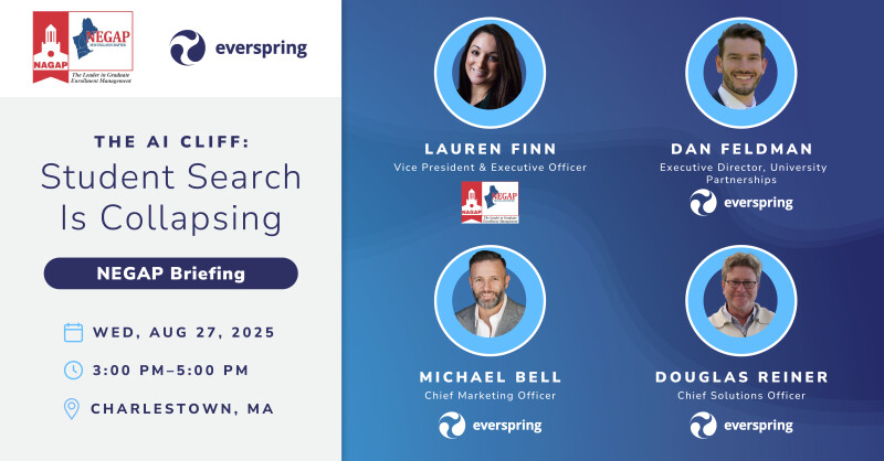 Promotional graphic for a NEGAP briefing titled “The AI Cliff: Student Search Is Collapsing,” held August 27, 2025, in Charlestown, MA.