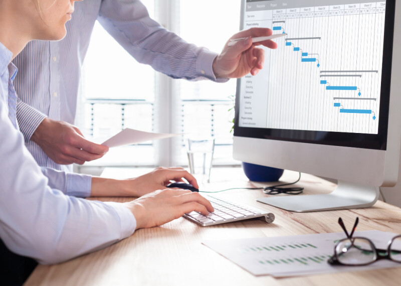 project managers reviewing gantt chart