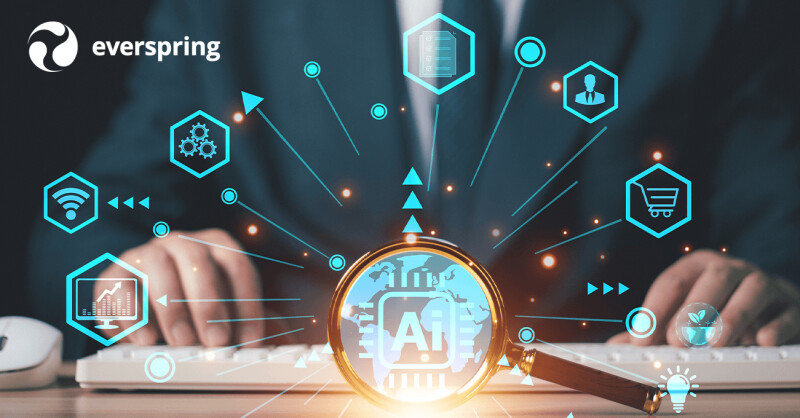 AI interconnected, person typing on keyboard in background