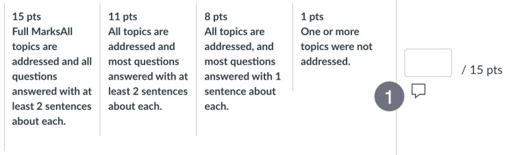 Annotated screenshot of a rubric highlighting the space for adding comments