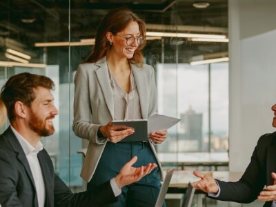 Professionals collaborate in an office setting