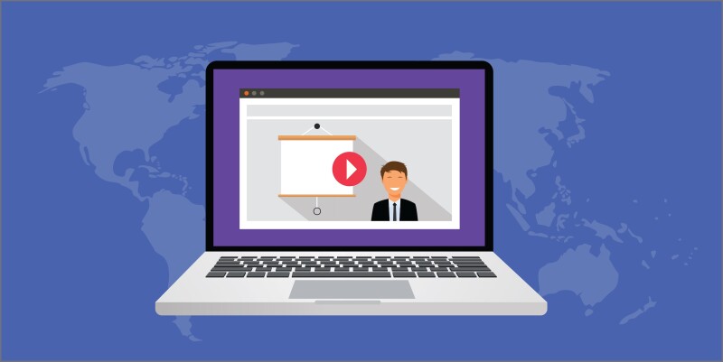 Graphic of laptop with video presenter.