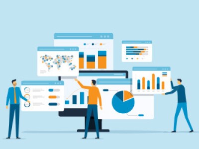 Business intelligence analyst dashboard on virtual screen. Big data Graphs Charts.