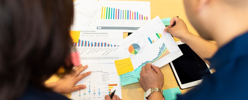 Two professionals analyzing company documents