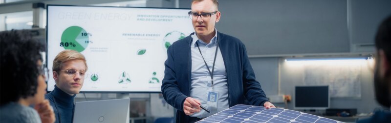 Team Meeting of Renewable Energy Engineers Working on an Innovative More Efficient Solar Panel Battery Concept.