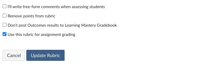 Screenshot of the "Use this rubric for assignment grading" checkbox option in the rubric settings