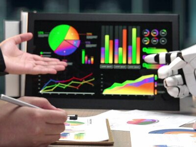 Human and AI business meeting where AI-powered analytics help streamline marketing research.