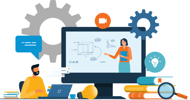 A student engaging with a video of an instructor