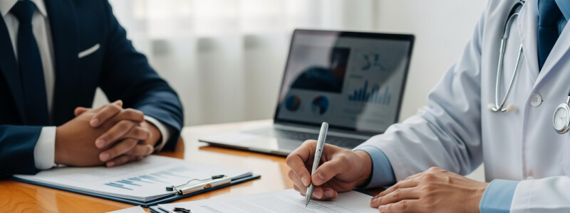 A doctor in a white coat and male professional in a suit reviewing legal documents