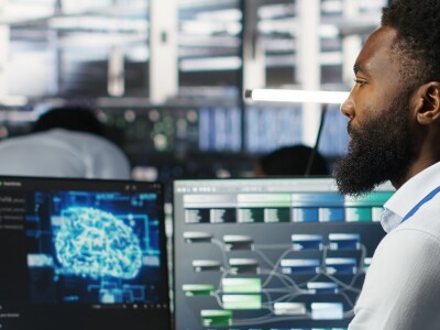 Data scientist interprets AI generated data analytics graphs