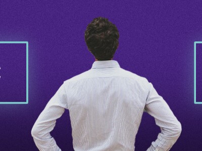 A man stands facing two neon arrows: one labeled "IMC" pointing left and the other labeled "Marketing" pointing right