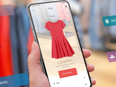 Shopping with smart phone and augmented reality app showing a dress.