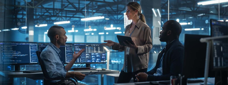 Three tech professionals discuss a cybersecurity issue in a server room