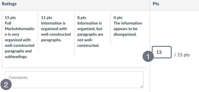 Annotated screenshot of entering a score between two set rubric values