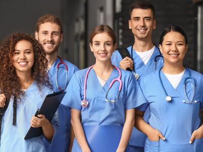 Group of nursing students in a hallway