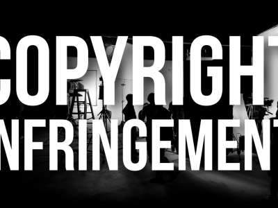 The words "COPYRIGHT INFRINGEMENT" written in block letters are set over the image of a film set.