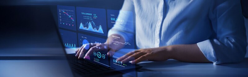 Business finance data analytics graph. Financial management technology. Advisor using KPI Dashboard on virtual screen.