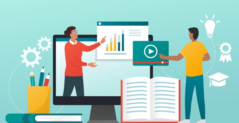 An instructor gesturing toward a graph and a student interacting with a video