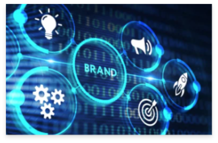 Illuminated circles displaying light bulb, gears, megaphone, rocket, bullseye and the word "Brand"