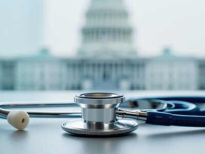 Stethoscope on desk with U.S. Capitol in background