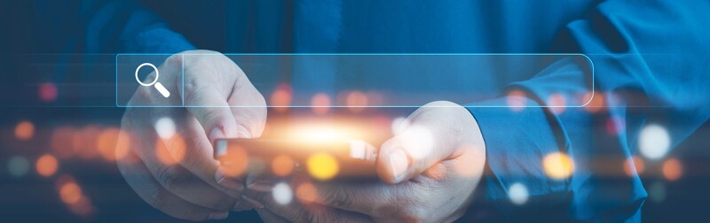 Man on smart phone with the overlay of a search bar