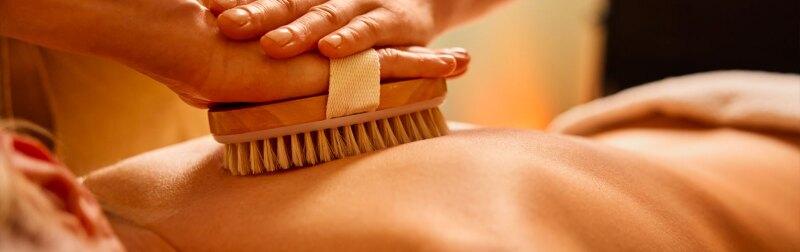 Close-up of woman having dry brush massage at spa.
