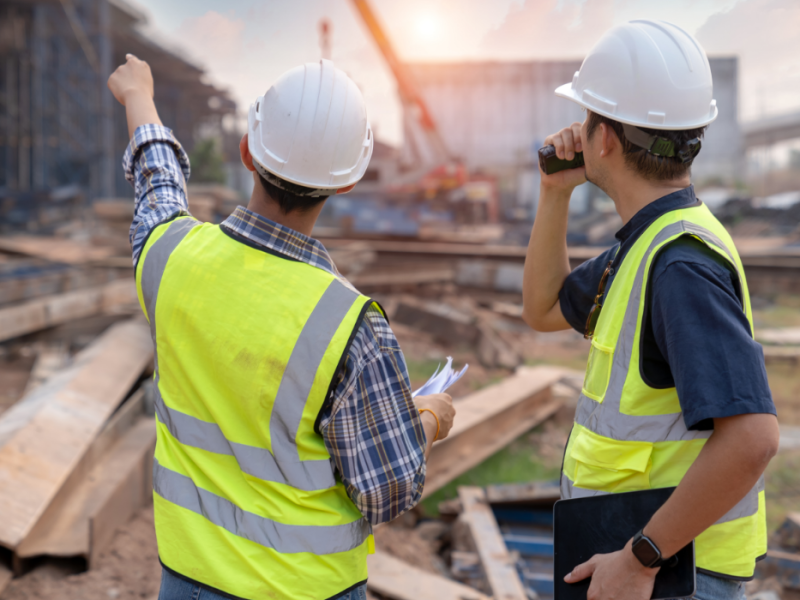 Two men pointing at infrastructure