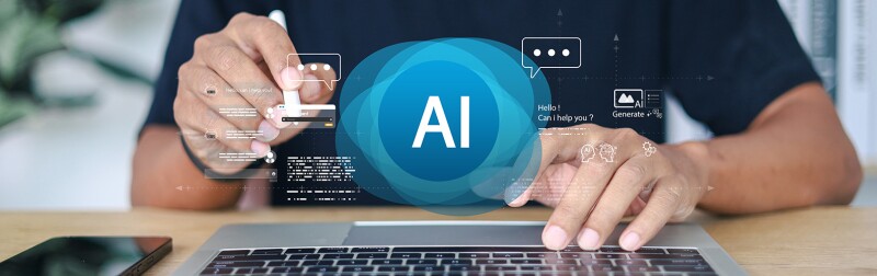 Man using laptop with AI chatbot and digital assistant icons overlay