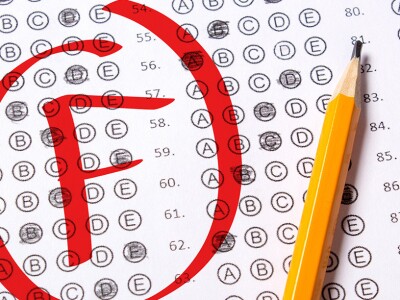 Failing grade is written with red pen on a test