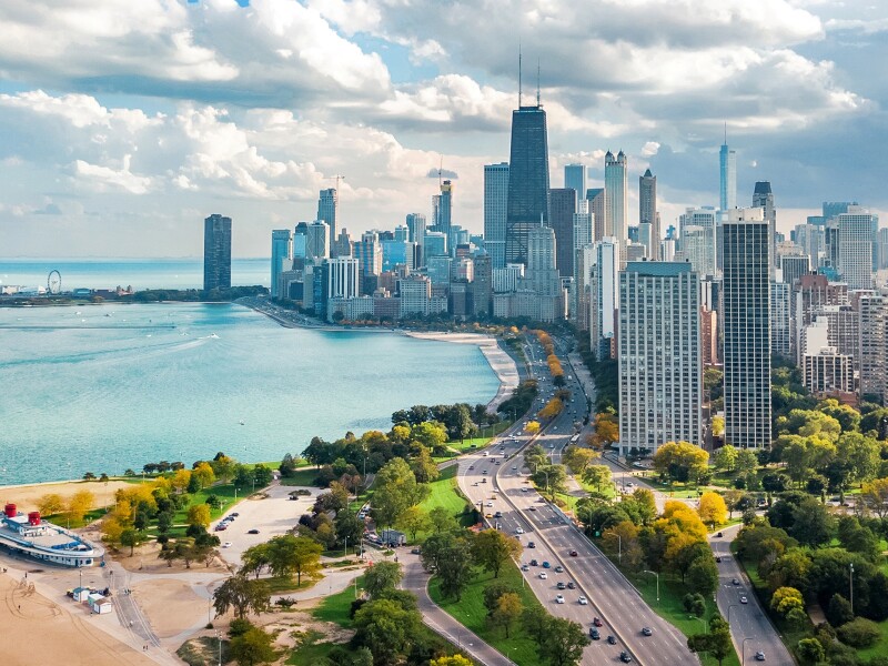 Chicago skyline view from above, Lake Michigan and city of Chicago downtown skyscrapers
