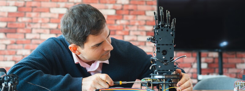 Biomedical engineer working on an articulated prosthetic hand