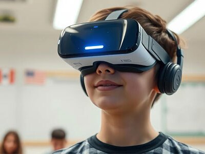 A school student wearing a VR headset is interacting with a blue holographic AI technology display