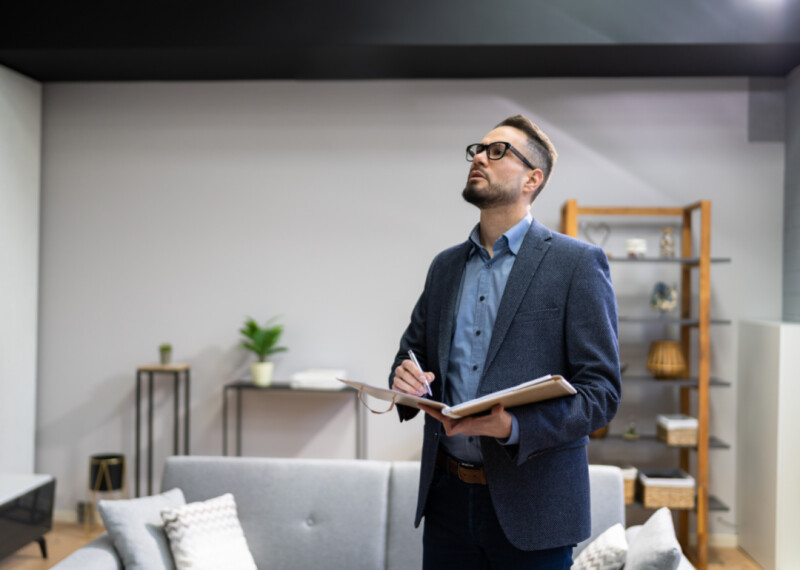 Man in blue blazer standing in a contemporary modern room takes notes in a note book