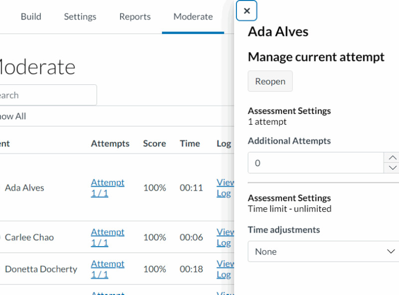 A screenshot of the options available in the moderate menu for a new quiz
