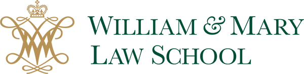 William & Mary Law School logo with gold crest and green serif text on a black background