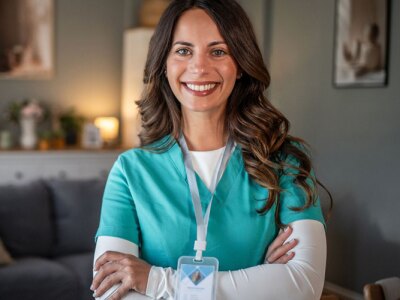 Smiling female nurse providing care in home environment.