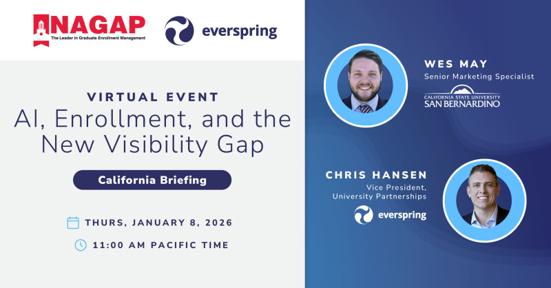 Graphic promoting virtual AI, Enrollment, and the New Visibility Gap California briefing on January 8, 2026, with speakers listed.
