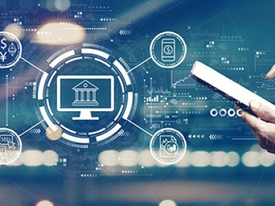 FinTech trends visual analysis tool, man with tablet