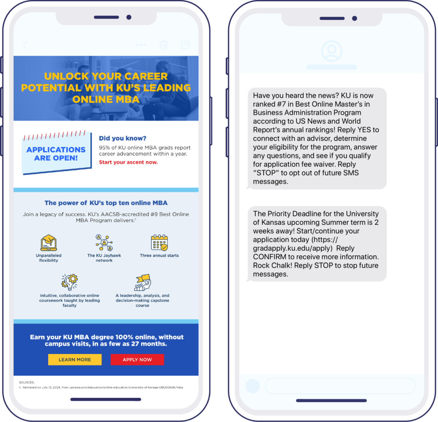 University of Kansas landing page and text communication displayed mobile phone screens