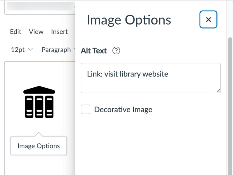 Adding alt text to a linked image in the Canvas Rich Content Editor.