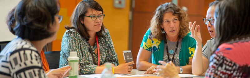Group of teachers sitting around a conference table, brainstorming ideas for curriculum development.