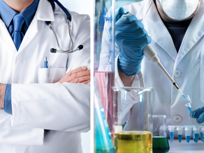 Side-by-side images of a medical doctor and a biomedical engineer, both wearing lab coats