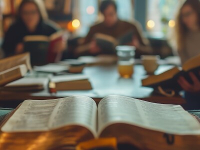 A group of people share bible study around a table, in front of a window