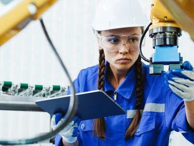 Female automation engineer inspects a robot control arm